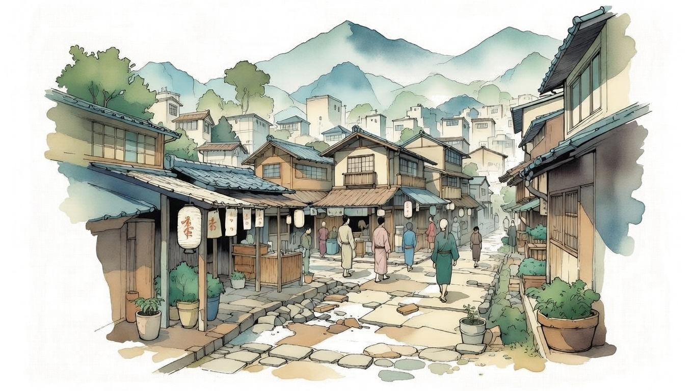 Watercolor illustration of a small town with mountains